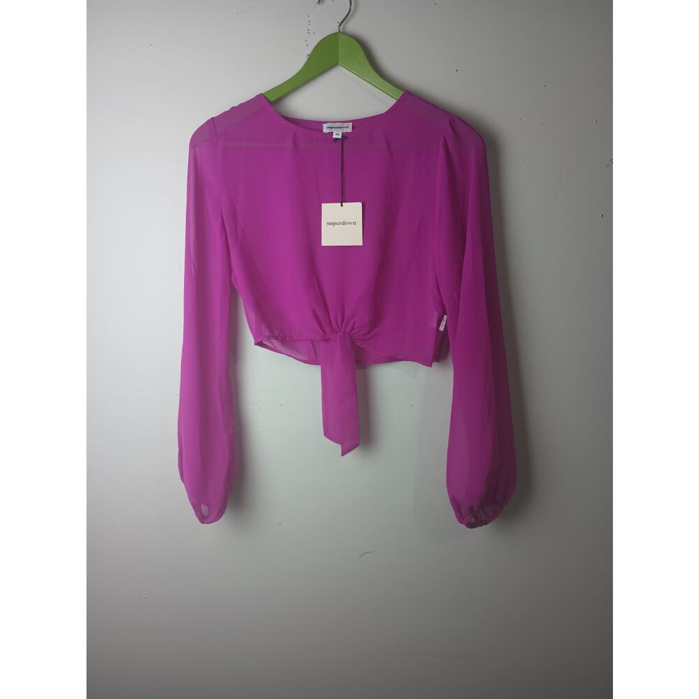 Superdown Sheer Crop Top XS Pink Long Sleeve Tie Front Blouse NWT